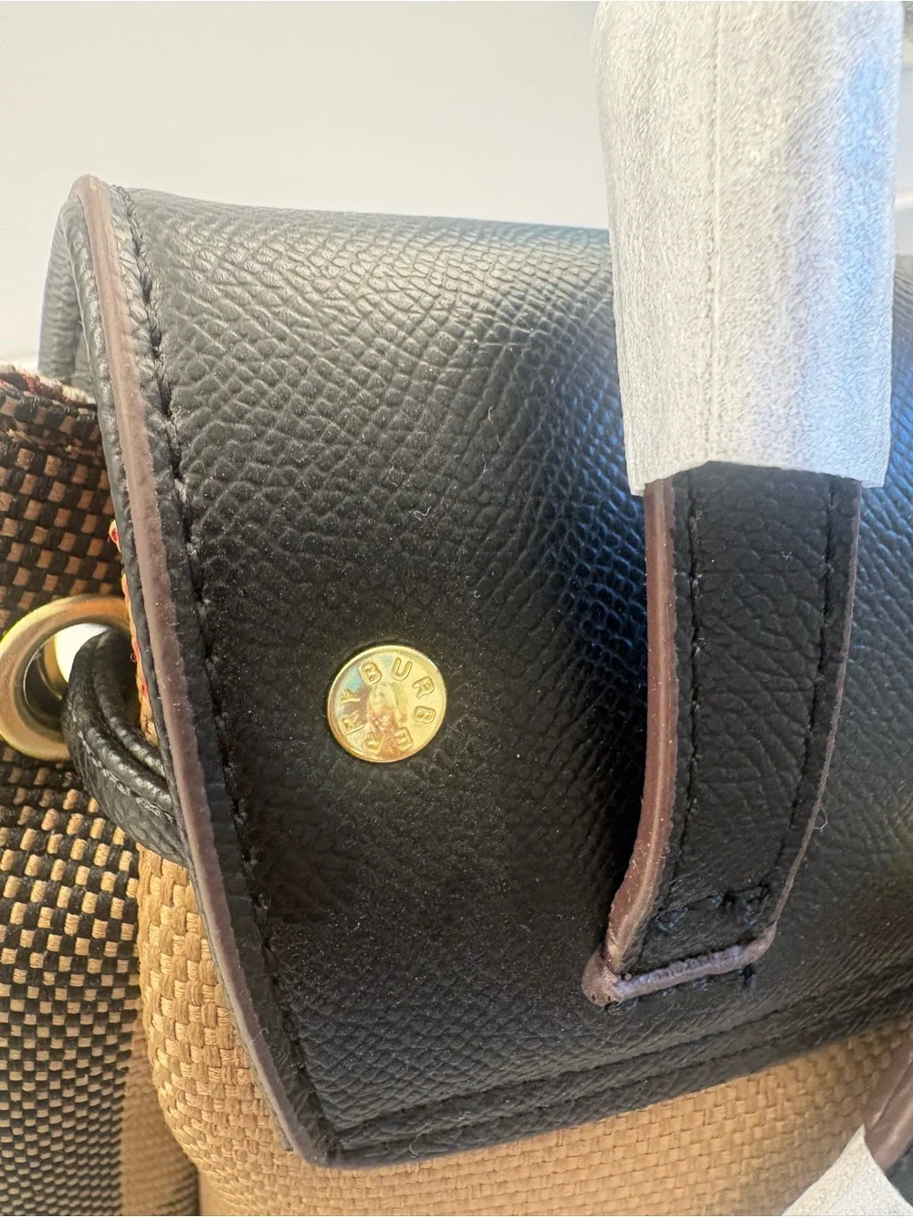 Designer-Inspired Tan Check Backpack with Black Trim and Red Stripe